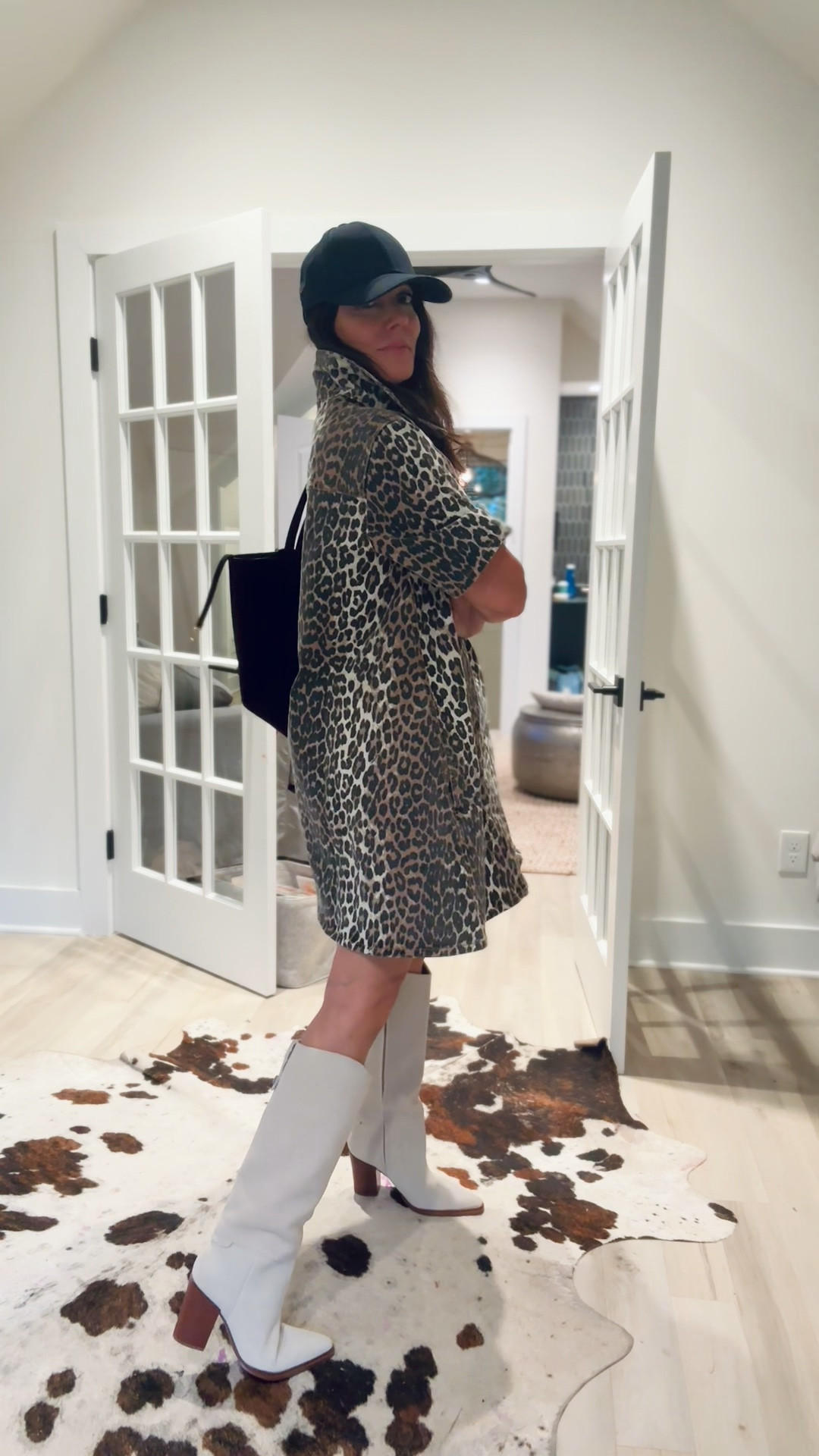 Cutest dress ever! 
Denim leopard with sleeves and looks great with knee high boots❤️
Chocolate brown suede tote. My ivory suede boots are on sale! 

#LTKxMadewell #LTKSaleAlert #LTKFindsUnder100