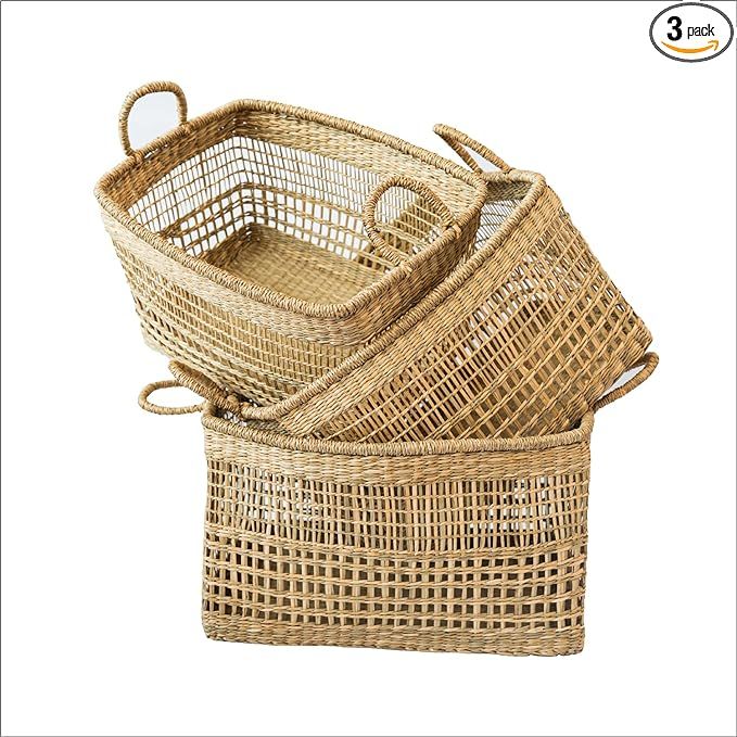 LiLaCraft Set of 3 Floppy Rectangular Seagrass Baskets, Natural Woven Storage Basket Handicraft, ... | Amazon (US)