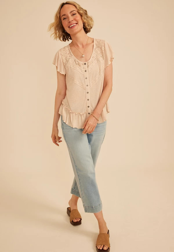 Lace Trim Button Front Top | Maurices