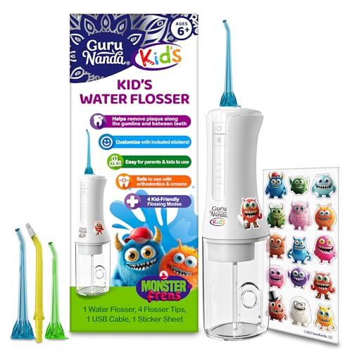 GuruNanda Kids Water Dental Flosser - 4 Flossing Modes, 4 Nozzles, 2-Min Smart Timer, Ages 6+, Monster Frens Theme, Portable Oral Care for Kids | Amazon (US)