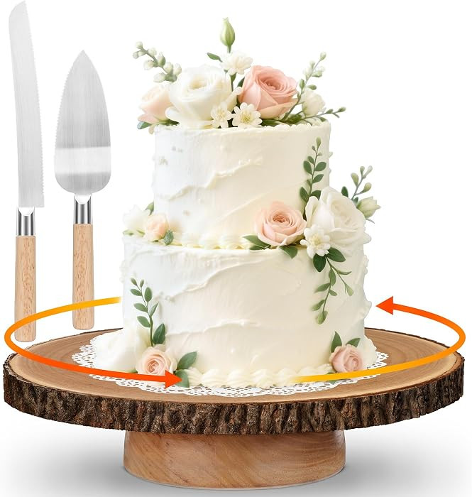Rotating Cake Stand 12 Inch Wood Cake Stand with Cake Cutting Set | Amazon (US)