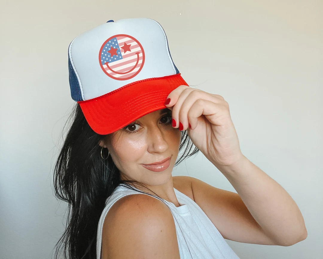 Trucker hat Foam hat Smiley face trucker hat American flag hat Fourth of July trucker hat custom ... | Etsy (US)