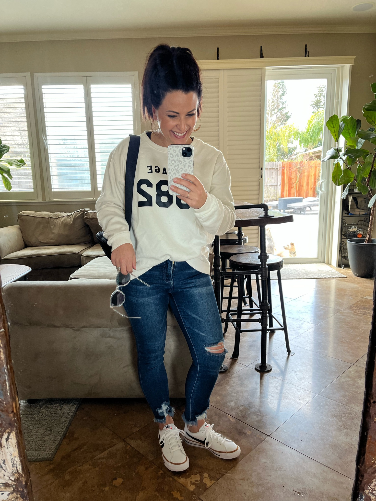 Changed into some of my favorite comfy clothes to chauffeur kids to practices. These must have Nikes have been selling out for the last year. I found them in youth sizes for $20 less! I wear a women’s 7, and got these in a youth 5. My sweatshirt was a fun 40th birthday gift, lots of years-vintages available. 

#LTKshoecrush #LTKGiftGuide #LTKFind