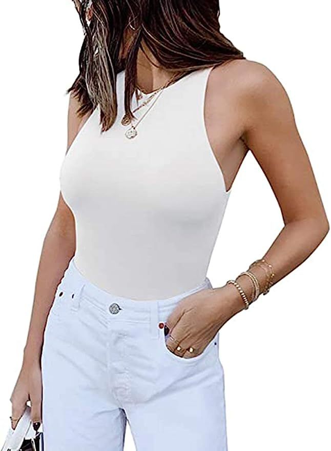 GEMBERA Women's Sleeveless High Neck Racer Back Tank Top Bodysuit Basic Cotton Thong Leotard | Amazon (US)