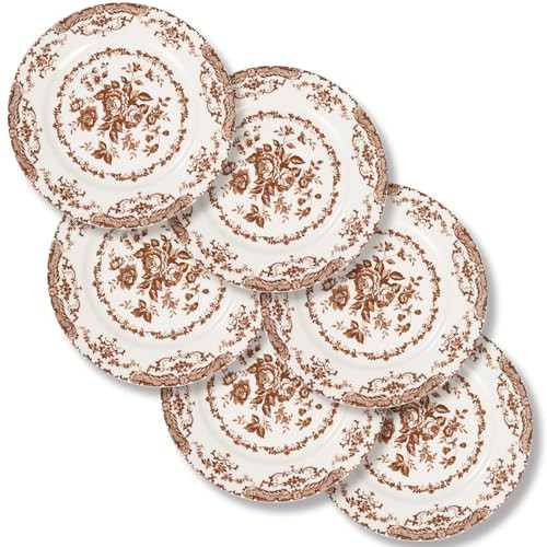 HomeElves Dinner Plates Set of 6, Ceramic Kitchen Plates Microwave Safe Plates, 10.5 Inch Porcelain Dinner Plates Floral, Brown | Amazon (US)