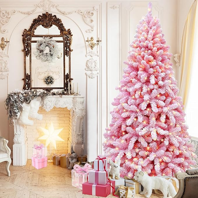 FairyHaus Christmas Tree Prelit 7.5 ft, Pink Flocked Christmas Tree with 400 Warm White & Colorfu... | Amazon (US)