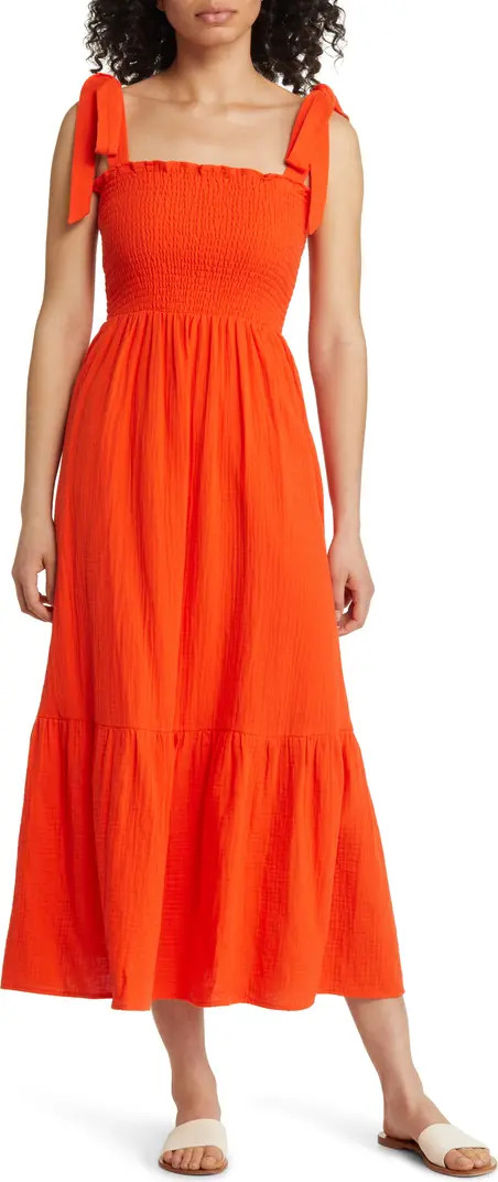 Smocked Tie Strap Cotton Gauze Midi Sundress | Nordstrom