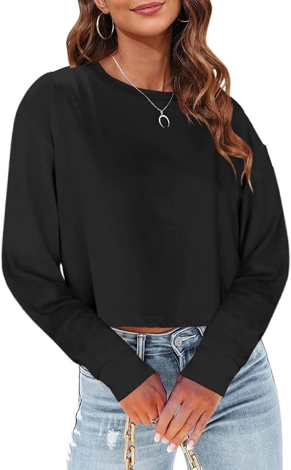 Tankaneo Womens Long Sleeve Cropped T-Shirts Round Neck Drop Shoulder Crop Sweatshirts Solid Casu... | Amazon (US)