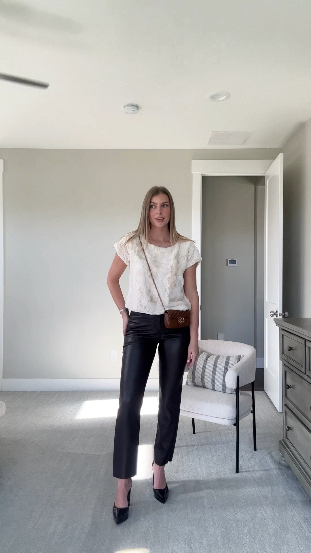 Faux fur top - medium, brown faux leather pants - 4 regular, Gucci bag, holiday outfit idea 

#LTKfindsunder100 #LTKSeasonal