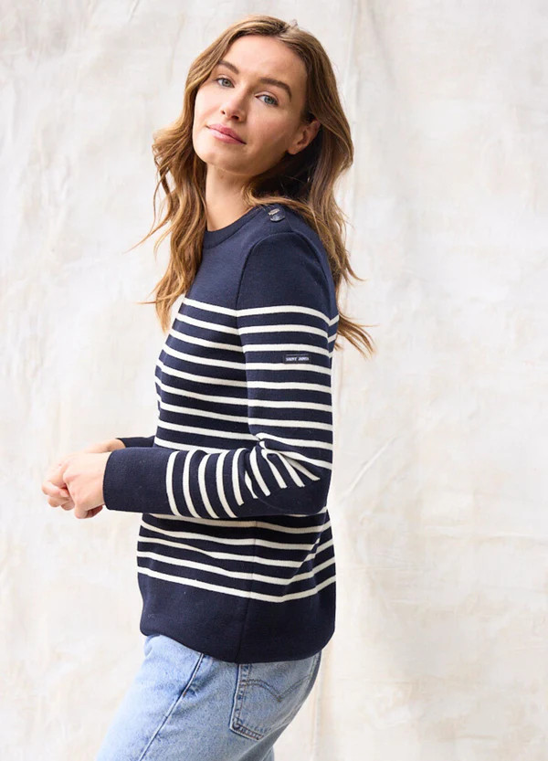 BREGANCON - Breton Striped Sweater with Jacquard Elbow Patch for Women (NAVY / IVORY) | Saint James