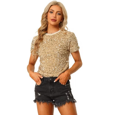 INSPIRE CHIC Women's Sequin Velvet Crew Neck Short Sleeve T-shirt Gold Medium | Target