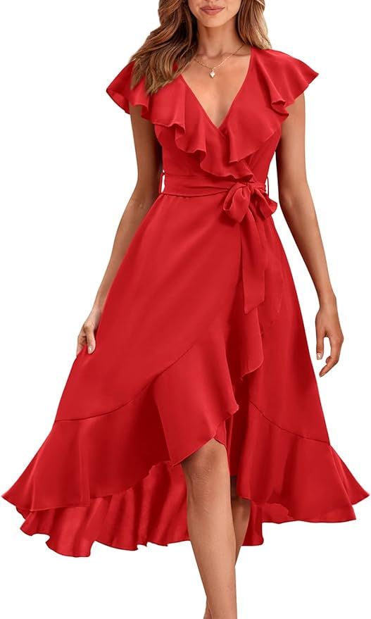 PRETTYGARDEN Women's 2023 Summer Wrap Maxi Dress Casual Boho Deep V Neck Short Sleeve Ruffle Hem ... | Amazon (US)