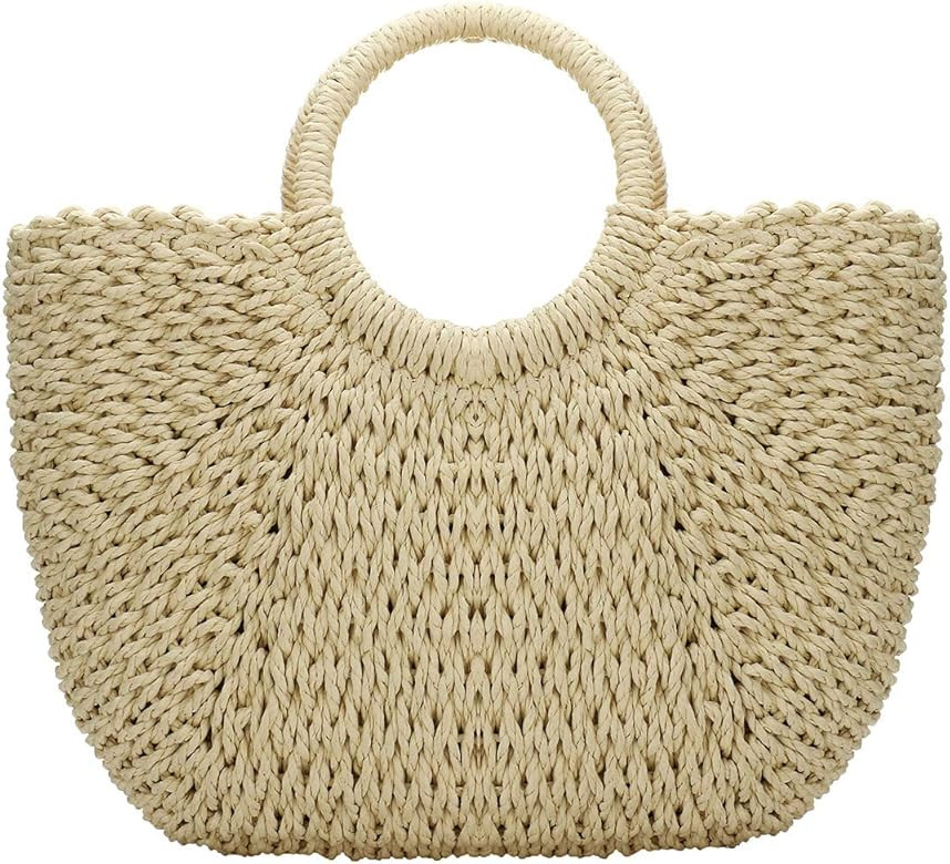 YYW Straw Bags for Women,Hand-woven Straw Large Bag Round Handle Ring Tote Retro Summer Beach Rat... | Amazon (US)