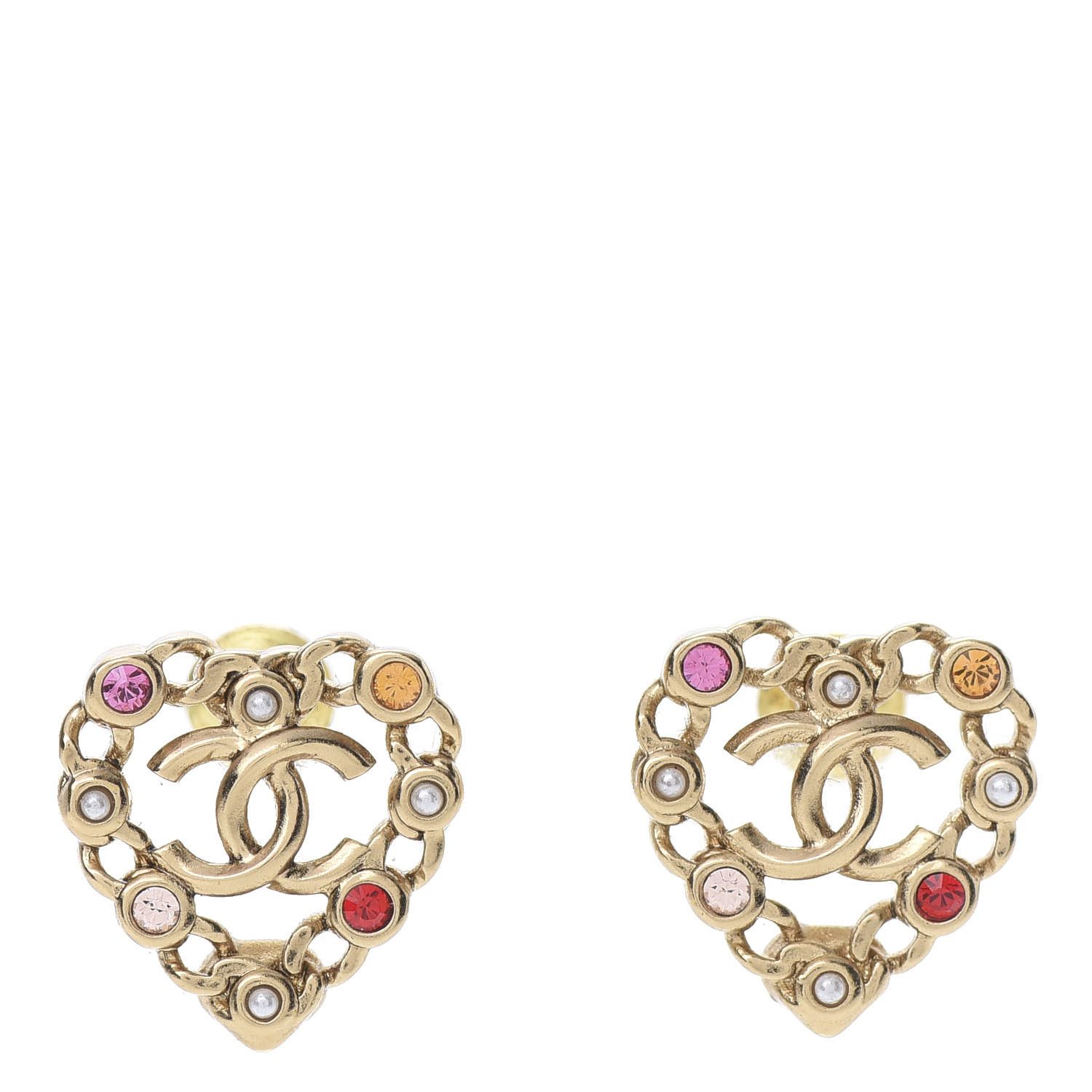 Pearl Crystal CC Heart Earrings Gold Multicolor | Fashionphile