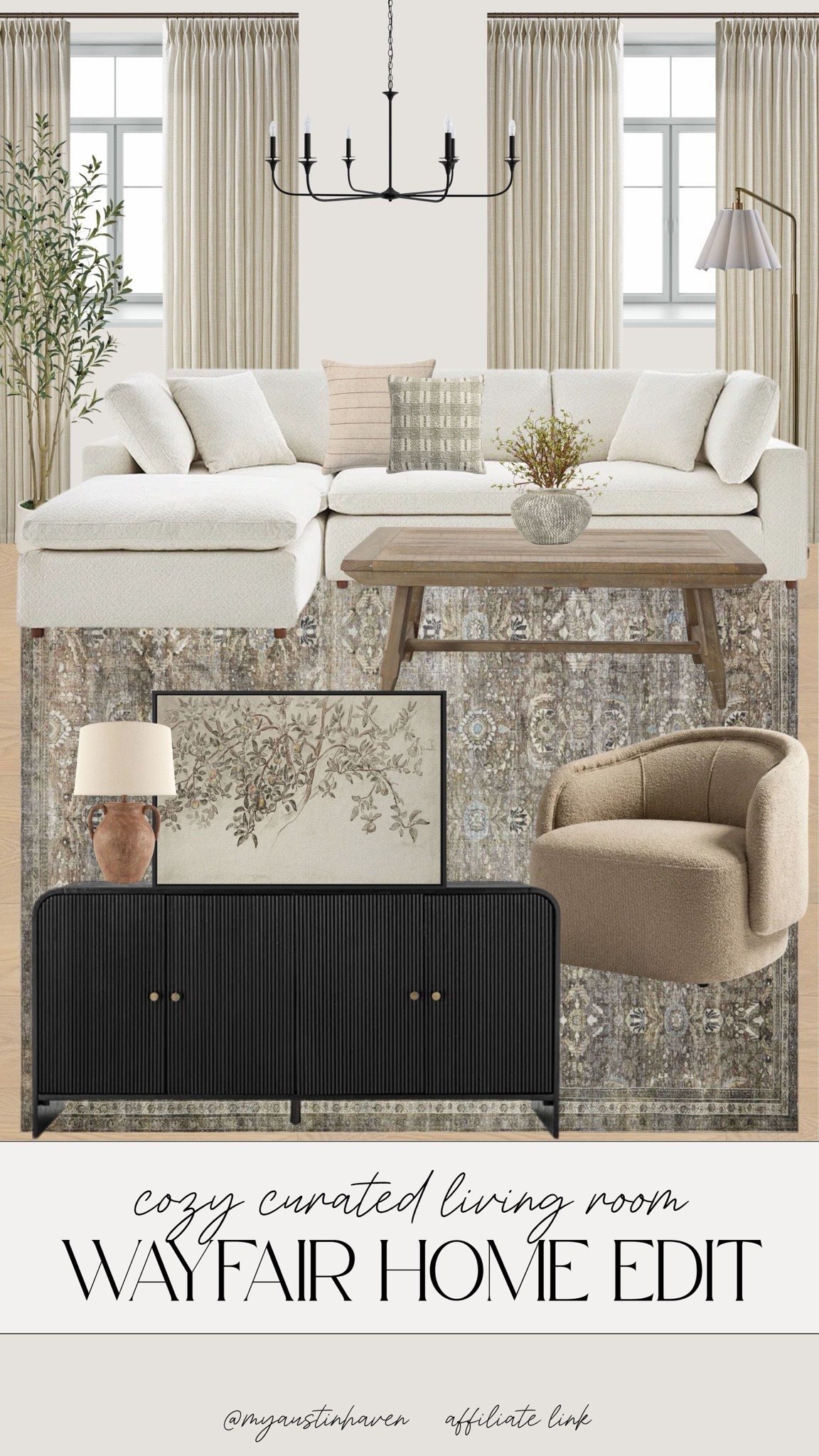 A cozy, curated living room made easy. 🤎 Soft neutrals, warm wood tones and timeless details come together for an elevated space that still feels comfortable and inviting.


Wayfair living room, cozy living room decor, curated home edit, neutral living room, organic modern home, warm wood furniture, cream sectional sofa, vintage inspired rug, black media console, boucle accent chair, living room lighting, neutral curtains, affordable home decor, elevated interior style, timeless home finds