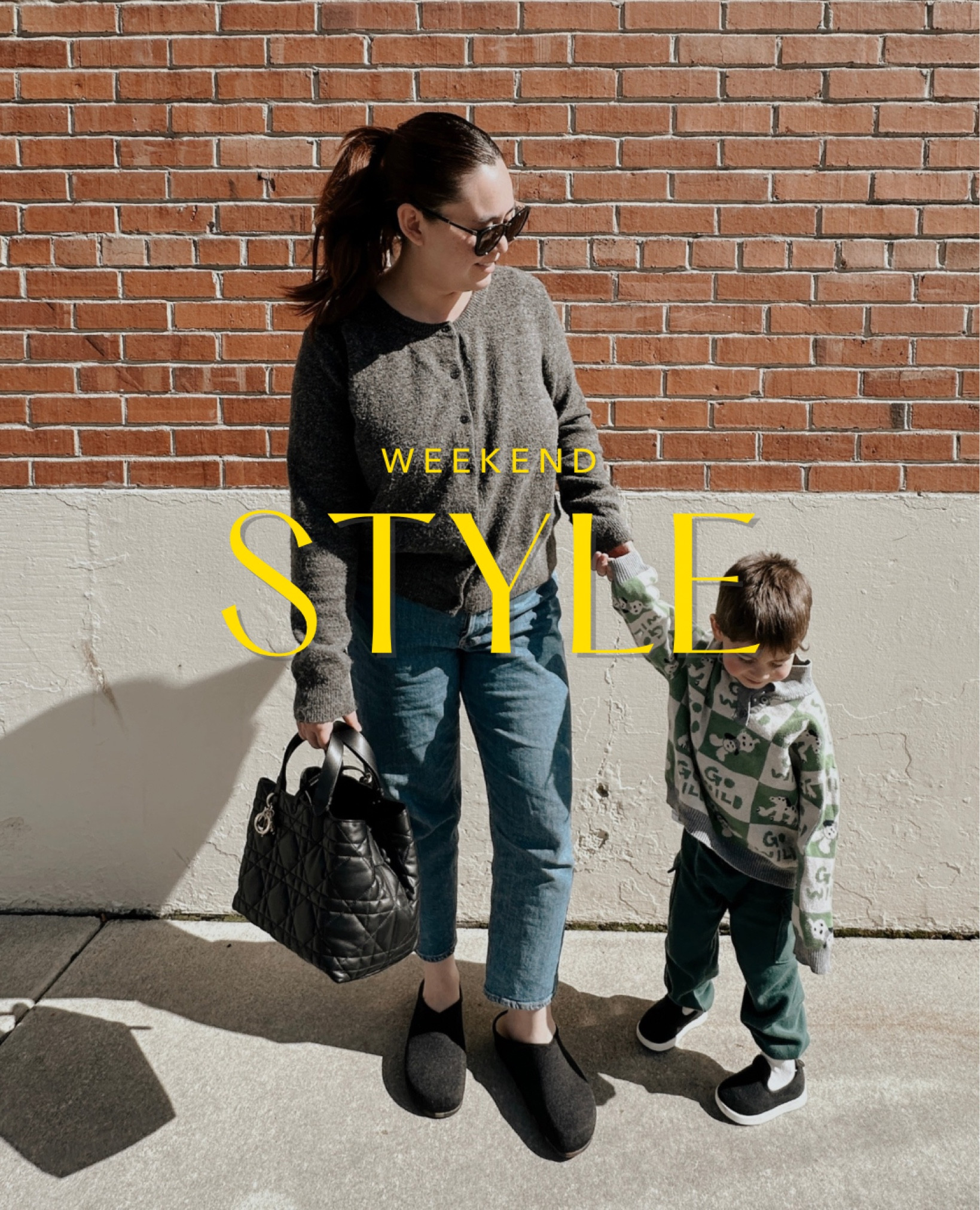 Weekend grocery run chic with light wash Gap jeans, grey H&M cardigan, and grey Rothy’s shoes. Elevating the look with my new Dior Toujours bag while my toddler rocks his green dog sweater and Allbirds loafers. #WeekendStyle #TraderJoesFashion #MommyAndMeFashion #ToddlerStyle #OOTD 

#LTKkids #LTKmidsize #LTKstyletip