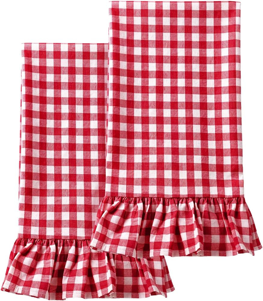 HunnmingRe Red Kitchen Towels Set of 2, 100% Cotton Ruffled Gingham Dish Towels 18"x28" Tea Cloth... | Amazon (US)