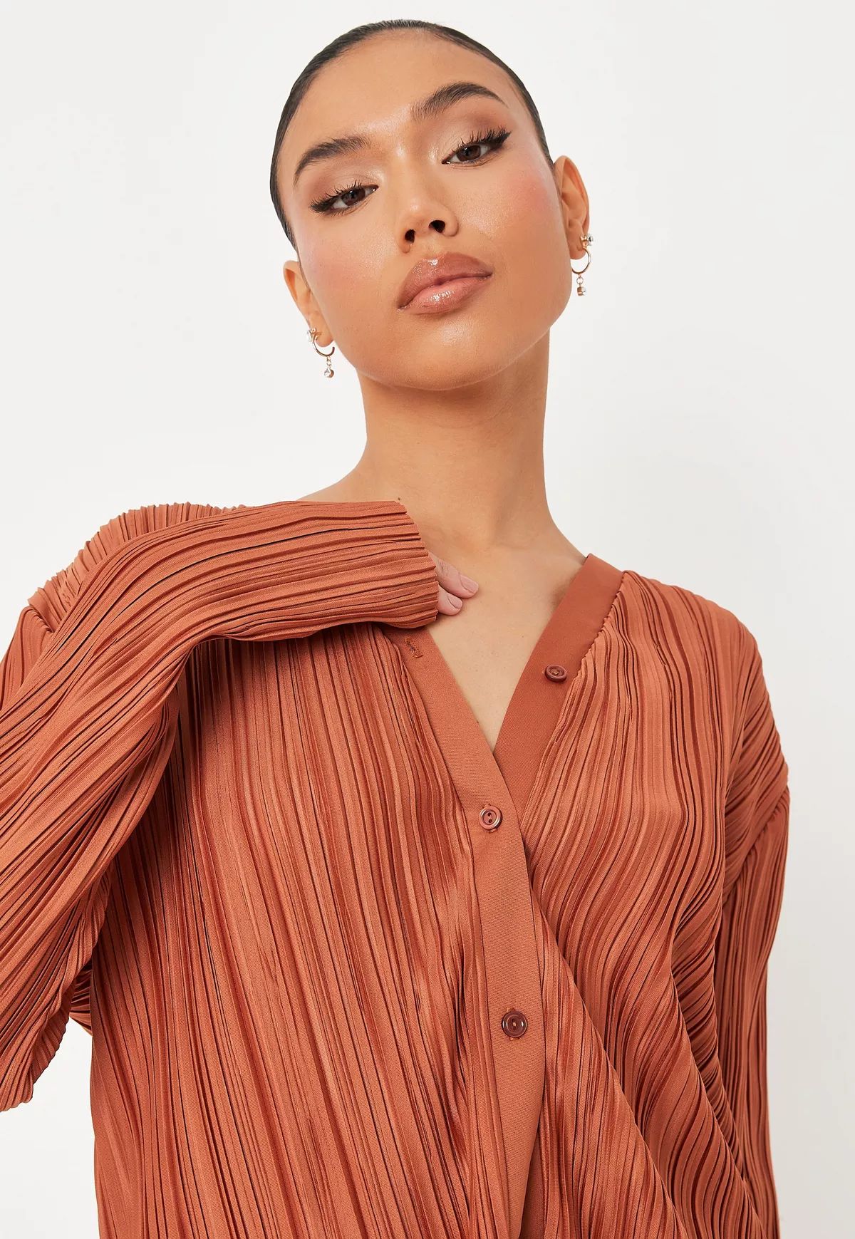 Rust Co Ord Plisse Collarless Shirt | Missguided (US & CA)