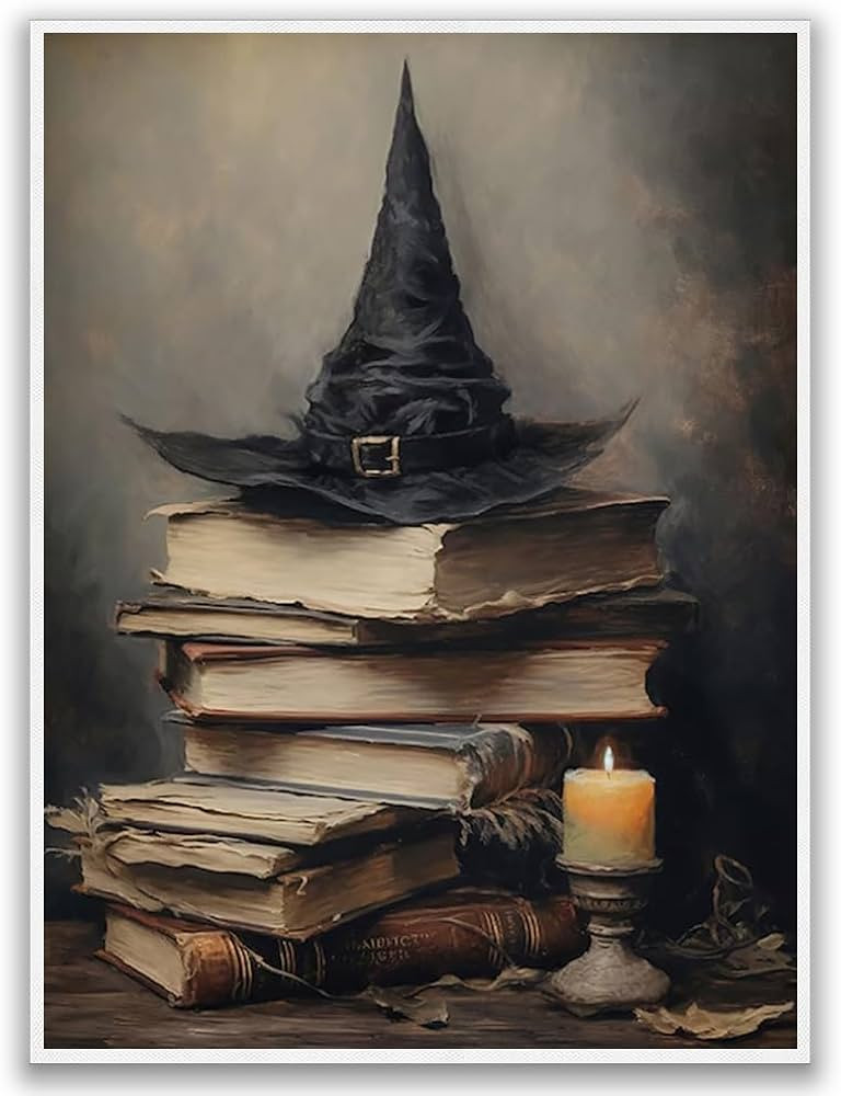 Vintage Halloween Canvas Wall Art,Gothic Victorian Witchy Wall Art, Witch Hat Painting,Halloween Poster with Wizard Hat, Spooky Dark Academia Print, Halloween Witch Home Decor 11x14in Unframed | Amazon (US)