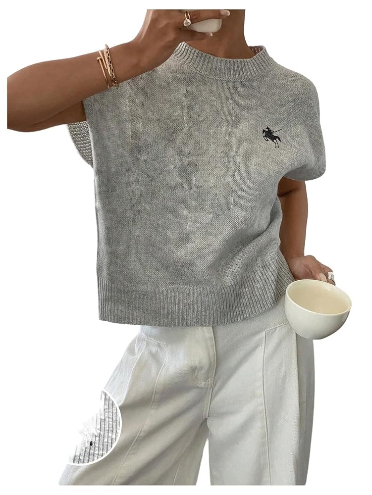 SOLY HUX Women's Ribbed Sweater Crew Neck Short Sleeve Loose Fit Floral Knit Pullover Tops | Amazon (US)