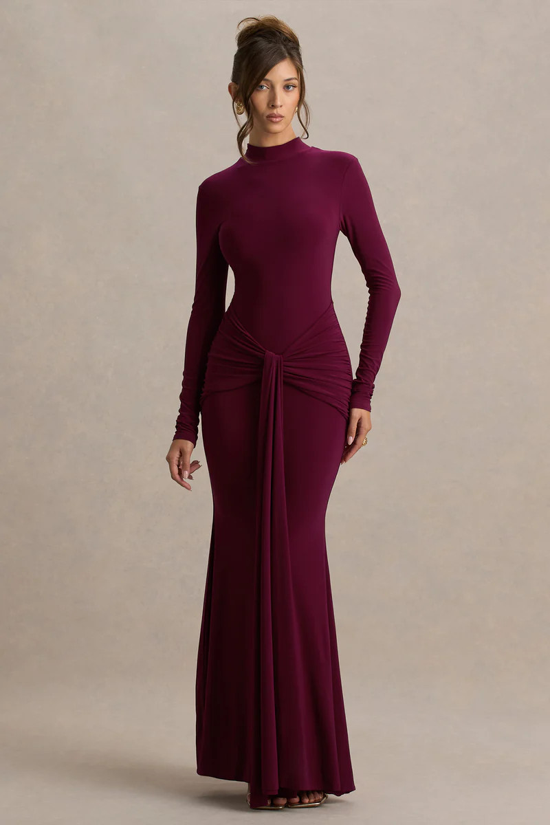 Pietra  Berry High-Neck Long Sleeve Knot Maxi Dress | Club L London