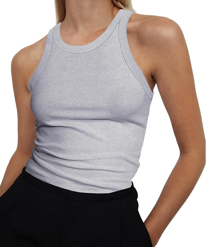 Artfish Women's Sleeveless Full Length Ribbed Fitted Racerback Workout Crew High Neck Basic Tank ... | Amazon (US)