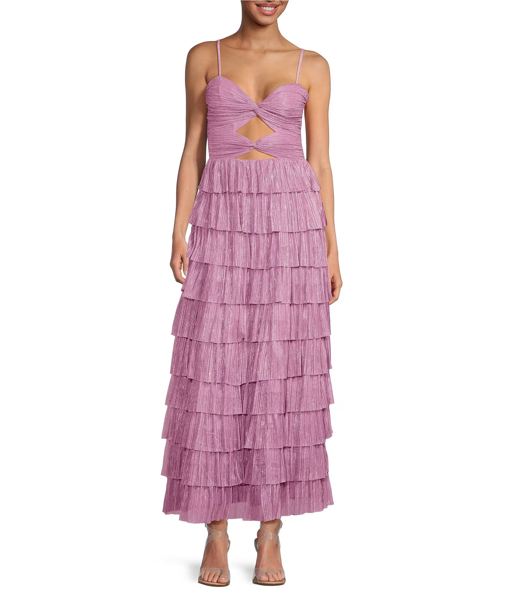 Grace Metallic Plisse Sweetheart Neck Cut-Out Tiered Dress | Dillard's