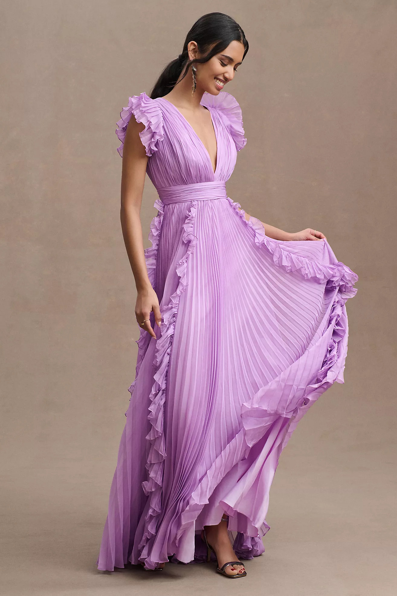 Mac Duggal Pleated Flutter-Sleeve Deep-V Empire-Waist Gown | Anthropologie (US)
