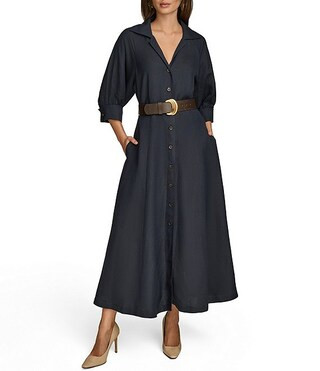 3/4 Sleeve Collared Neck Belted Linen Blend Midi Shirt Dress | Dillard's
