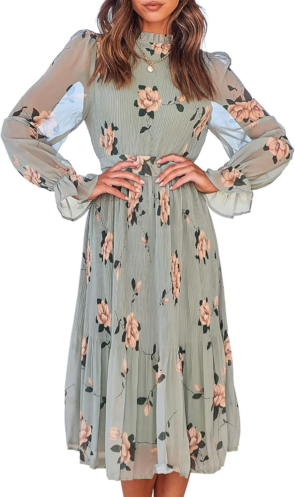 ANRABESS Women's Floral Midi Dress Puff Long Sleeve Ruffle Trim Smocked A-line Pleated Swing Chif... | Amazon (US)