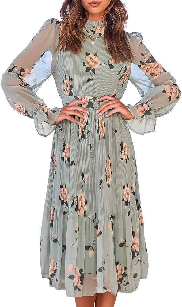 ANRABESS Women's Floral Midi Dress Puff Long Sleeve Ruffle Trim Smocked A-line Pleated Swing Chiffon | Amazon (US)