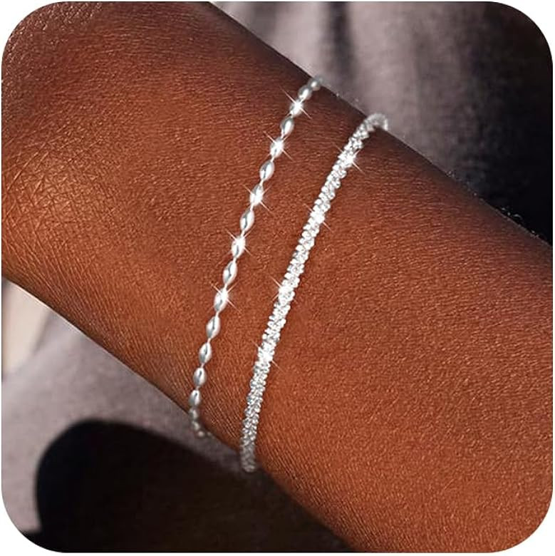 Sterling Silver Chain Bracelet: Dainty Stackable Bracelets for Women Trendy Cute Adjustable Layer... | Amazon (US)