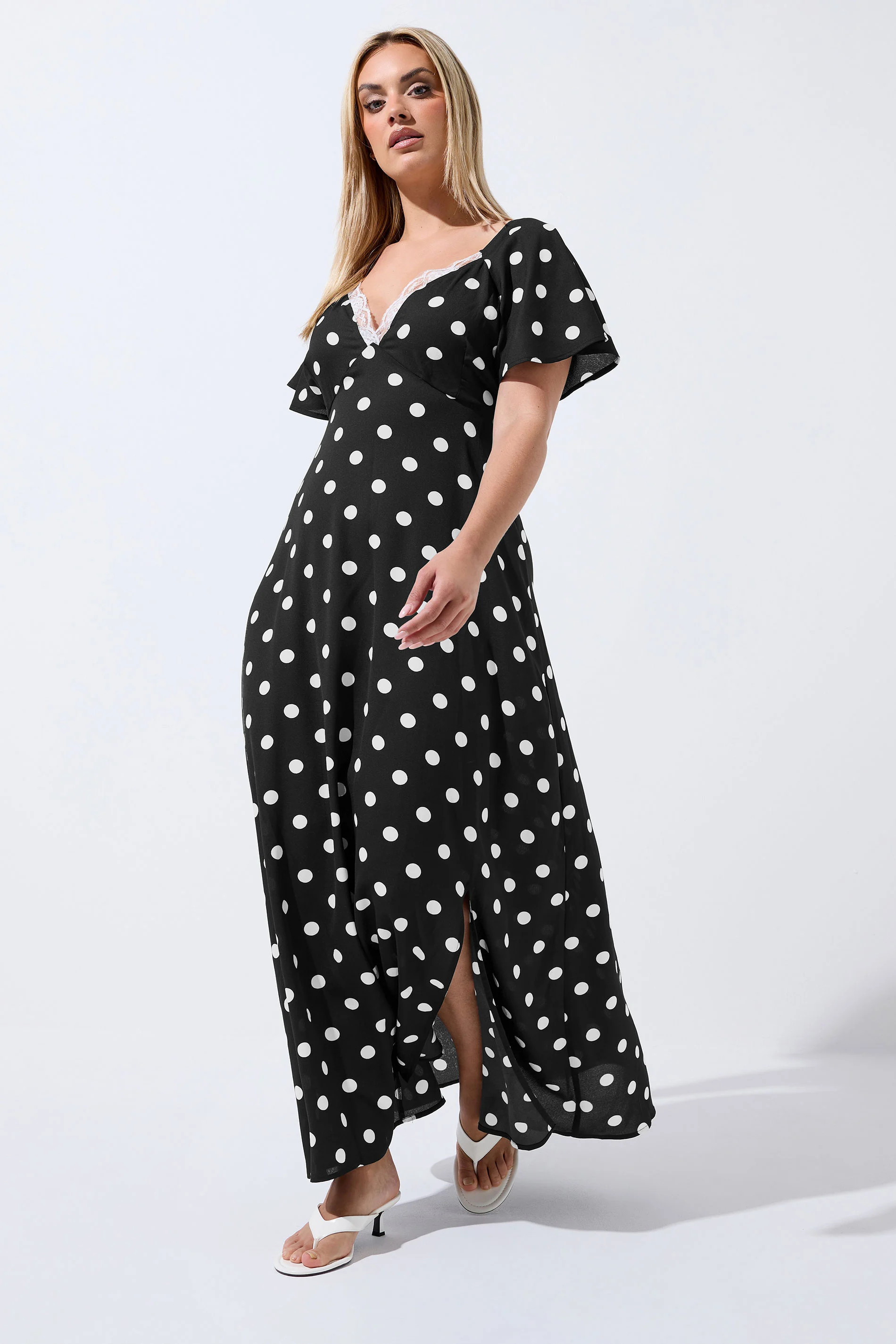 LIMITED COLLECTION Plus Size Black Polka Dot Lace Trim Maxi Dress | Yours Clothing UK
