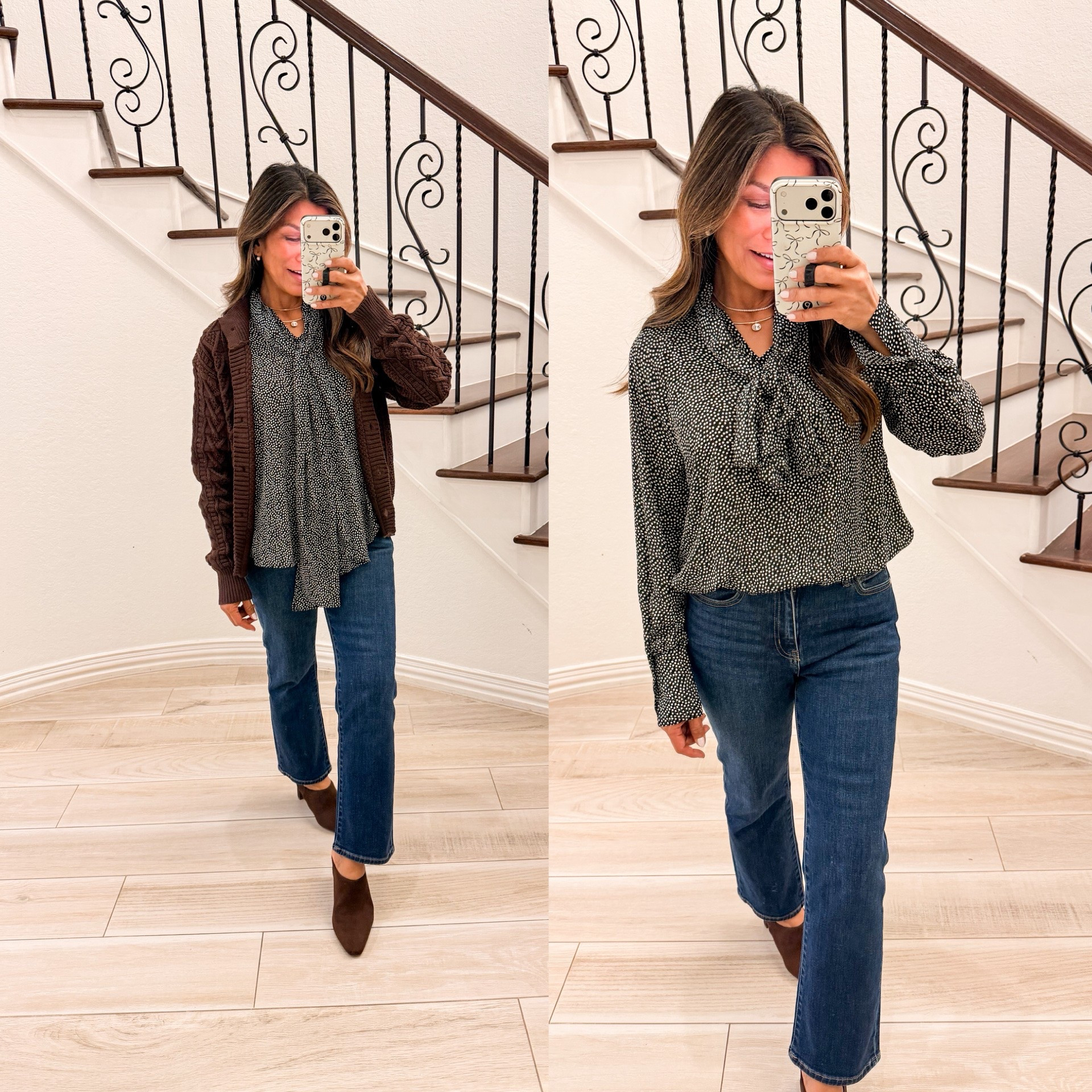 I’m 5’2” 118#ish for reference 
Polka dot blouse in XS tts-loose fit
Brown cardigan in small tts. 
Bootcut jeans fit tts in size 2 short length. If b/w sizes size up.
Brown heeled mules fit tts

Fall Outfits, fall fashion, women over 50, Walmart  finds, over 50 style, midlife fashion, petite fashion,midlife women, affordable fashion, fashion over40, elevated easy outfits, denim, jeans, fall shoes.

#LTKOver40 #LTKmomlife #LTKPetite