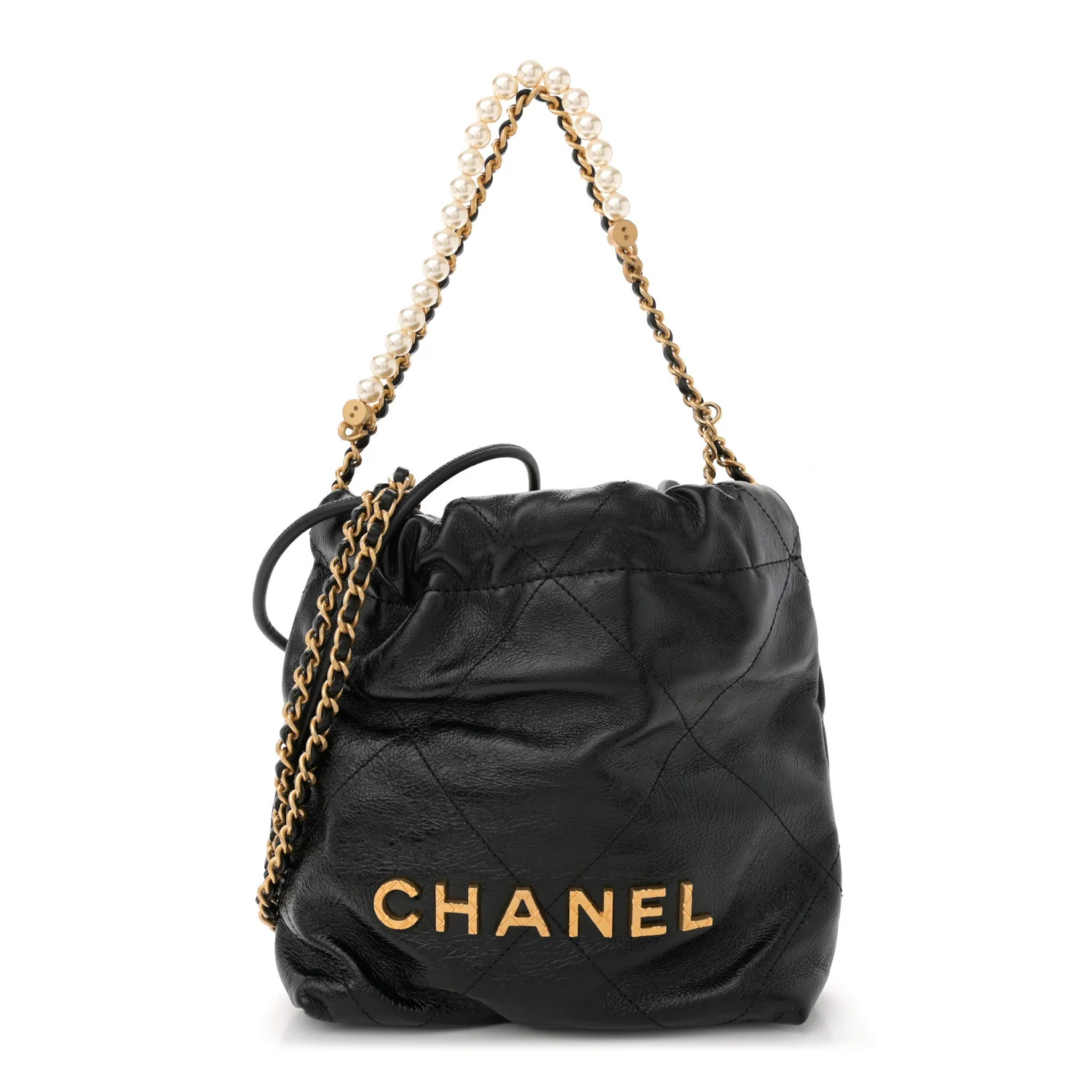 Chanel Shiny Crumpled Calfskin Quilted Pearl Mini Chanel 22 Black | FASHIONPHILE (US)