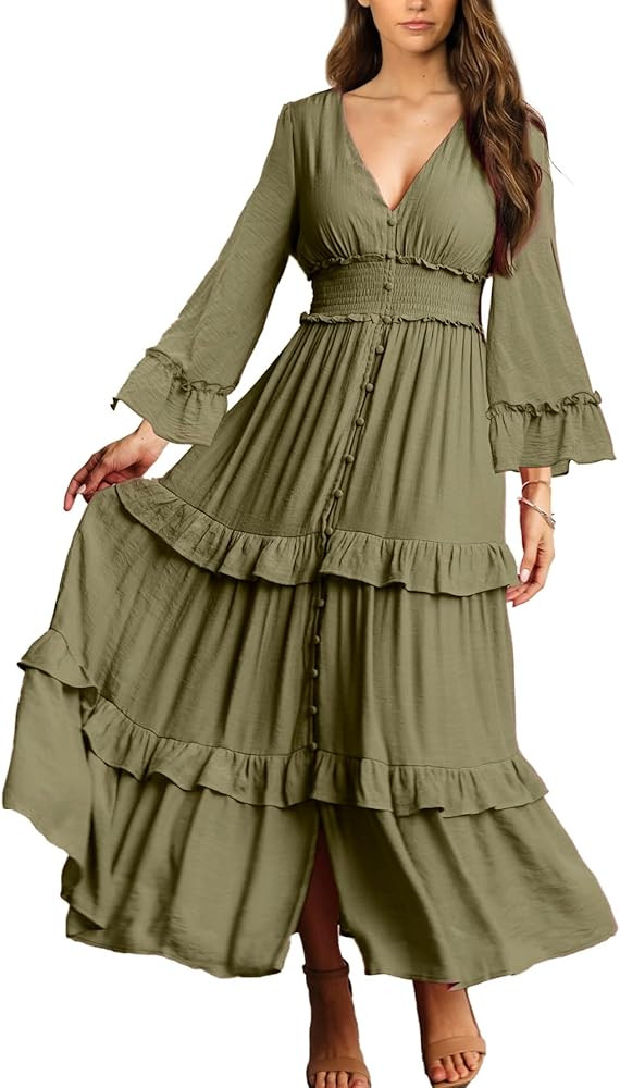 Amegoya Women's V Neck Long Sleeve Boho Maxi Dress Summer Wedding Guest Long Flowy Engagement Dre... | Amazon (US)