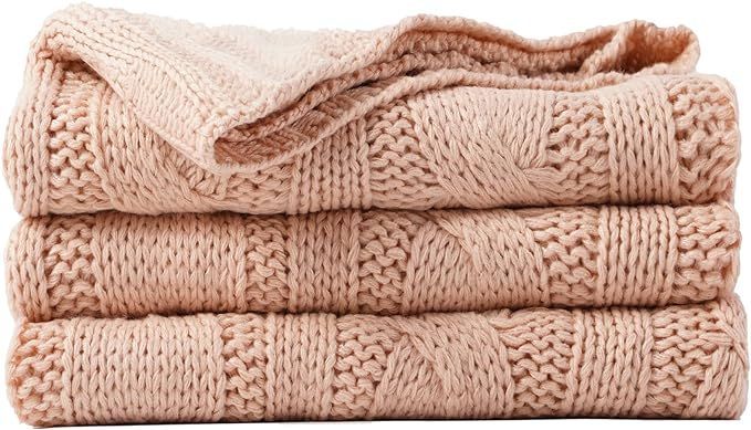 Amazon.com: Battilo Blush Cable Knit Throw Blankets for Couch Bed Sofa, Acrylic Knitted Blanket, ... | Amazon (US)