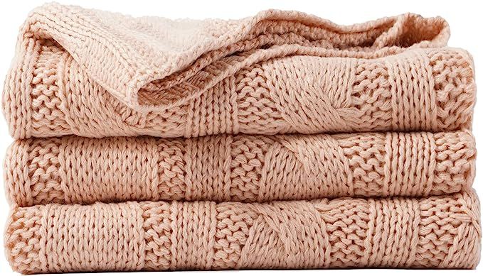 Battilo Blush Cable Knit Throw Blankets for Couch Bed Sofa, Acrylic Knitted Blanket, Soft Cozy Th... | Amazon (US)