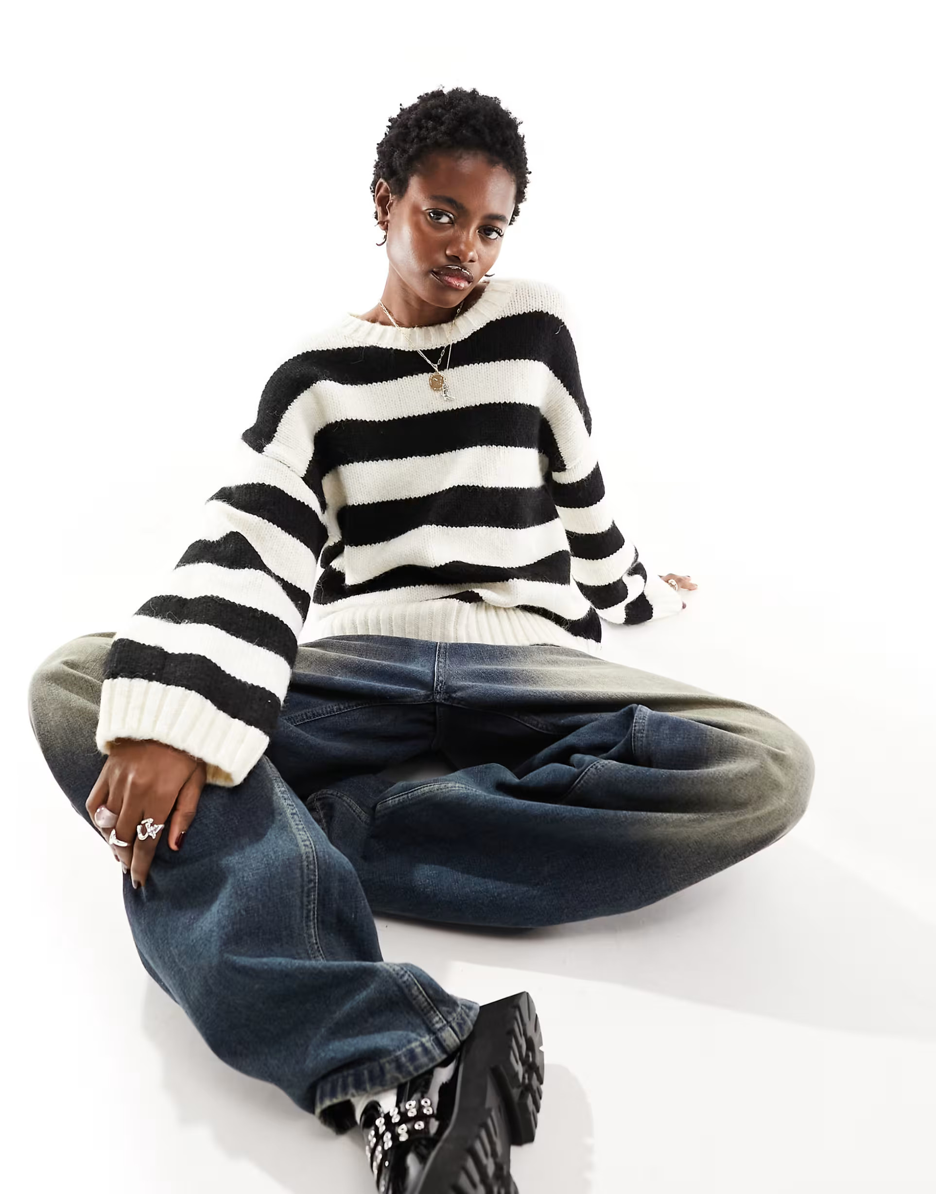 Monki crew neck knitted sweater in cream and black stripe | ASOS | ASOS (Global)