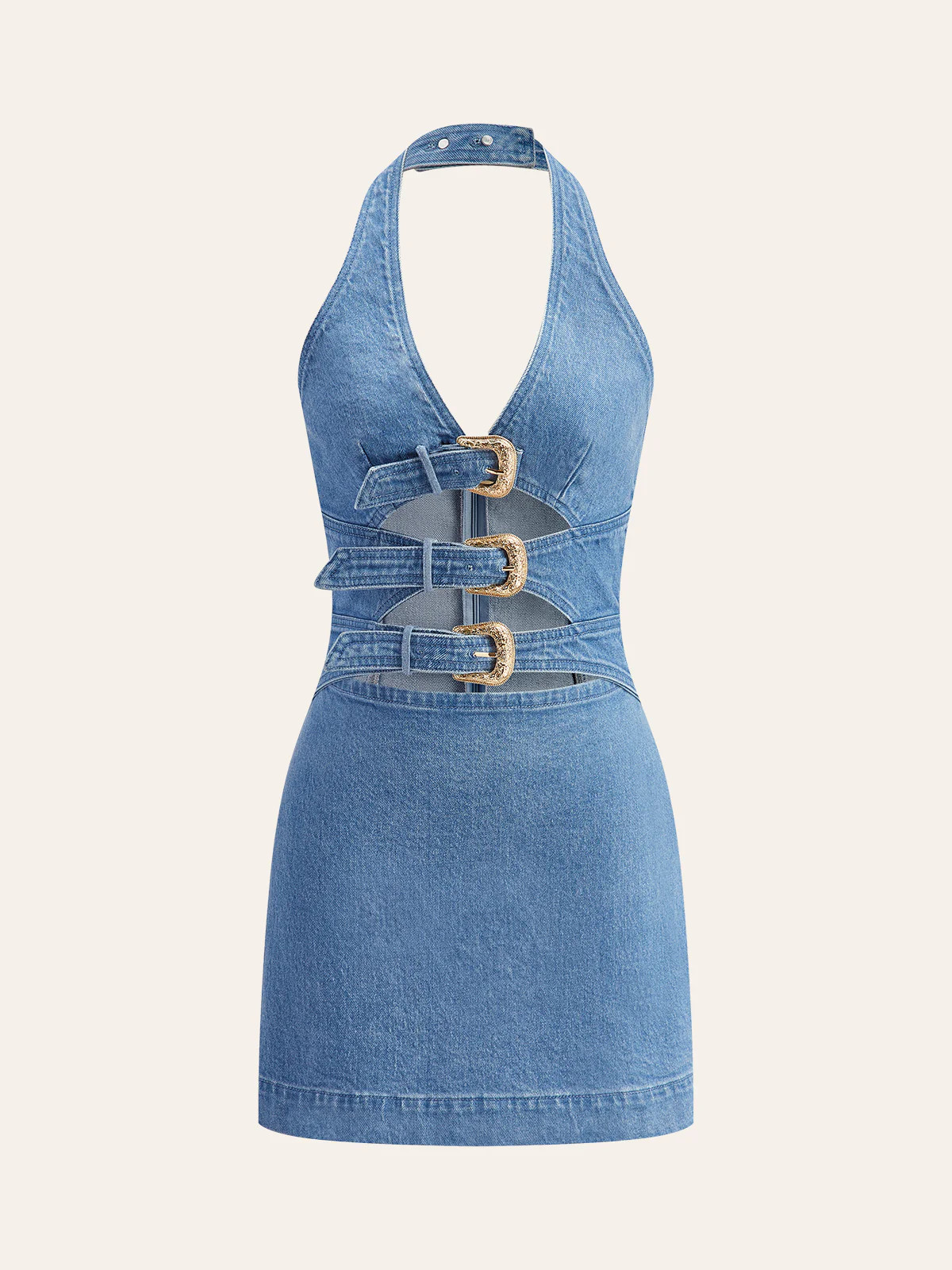 Halter Neck Buckle Detail Denim Dress | Commense