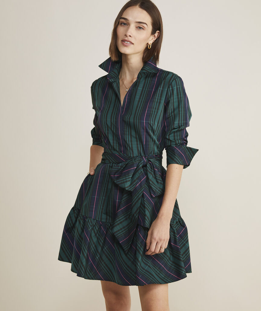 Taffeta Tie-Waist Blackwatch Shirtdress | vineyard vines