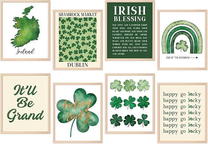 Whaline 8Pcs St Patrick's Day Wall Art Prints 8x10 Inch Watercolor Shamrock Art Poster Irish Luck... | Amazon (US)