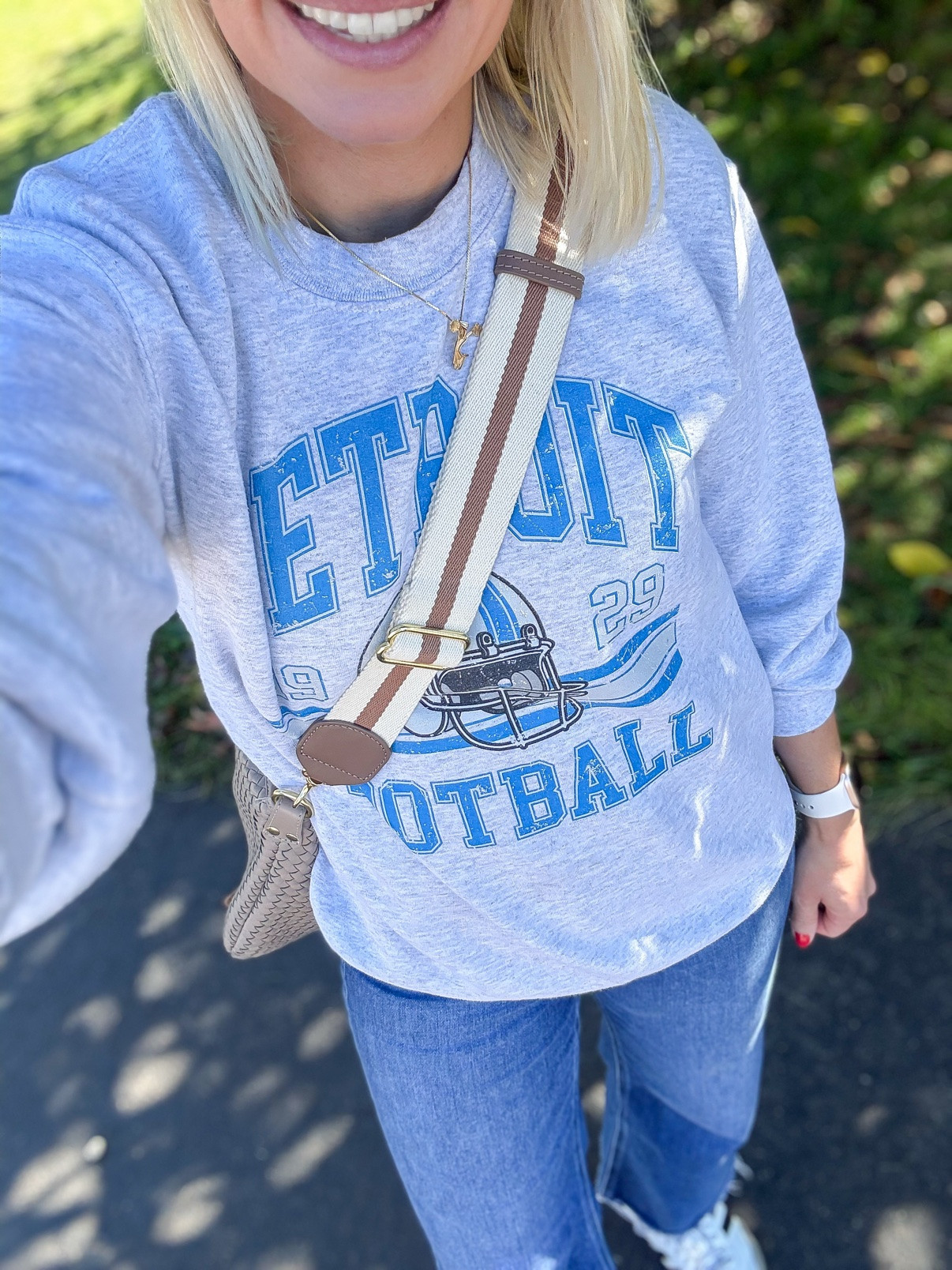 What I wore today 🏈💙 Detroit Lions sweatshirt + jeans for the game! #whatiwore #ootd #gamedayoutfit #detroitlions #momstyle