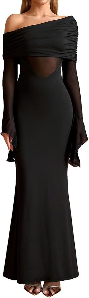 Women One Shoulder Long Sleeve Maxi Dress Bodycon Cut Out Long Formal Wedding Guest Dresses | Amazon (US)