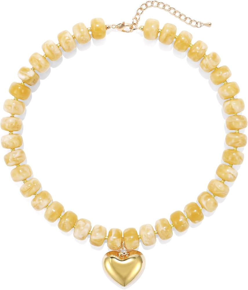 Chunky Heart Necklace for Women, Colorful Acrylic Beaded Statement Puff Heart Necklace, Cute Boho... | Amazon (US)