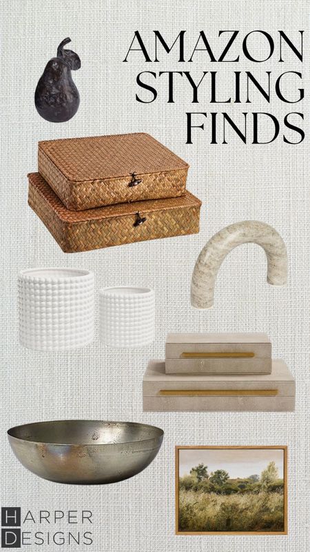 Styling Accessories from Amazon. Rattan Storage Baskets, Shelf Styling Items, Marble Decor, White Pots, Decorative boxes, Silver bowl, bowl for styling, pear for styling, mcgee and co inspired, landscape artwork, artwork for bookshelves, bookshelf styling items. 

#LTKVideo #LTKhome #LTKstyletip