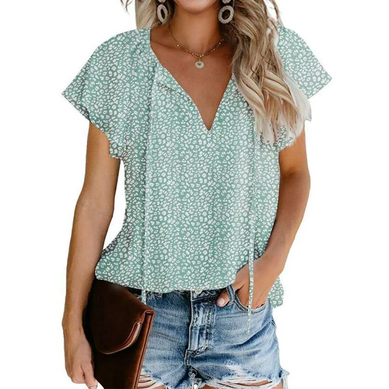 Fantaslook Blouses for Women Floral Print V Neck Ruffle Short Sleeve Shirts Casual Summer Tops | Walmart (US)