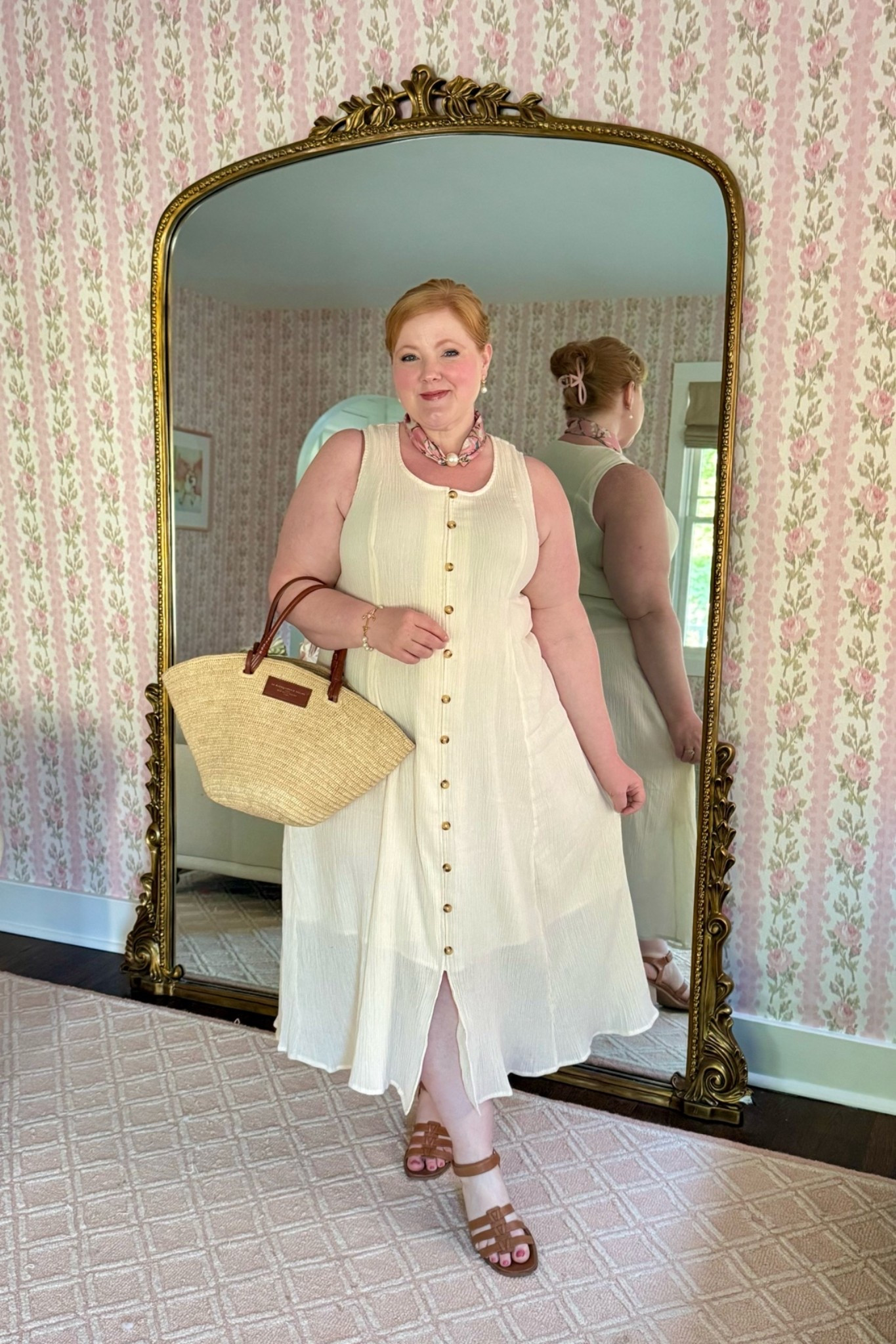 Styling this Jessica London Gauze Dress size 16W

Sezane Justine Basket Bag
Vionic comfort heel sandals
Pearl anchor jewelry
Scarf neckline with magnetic pearl closure

#LTKootd #LTKSeasonal #LTKPlusSize