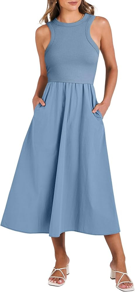 ANRABESS Women's Summer Casual Sleeveless Midi Sundress Knit High Neck Tank Top Racerback Flowy D... | Amazon (US)