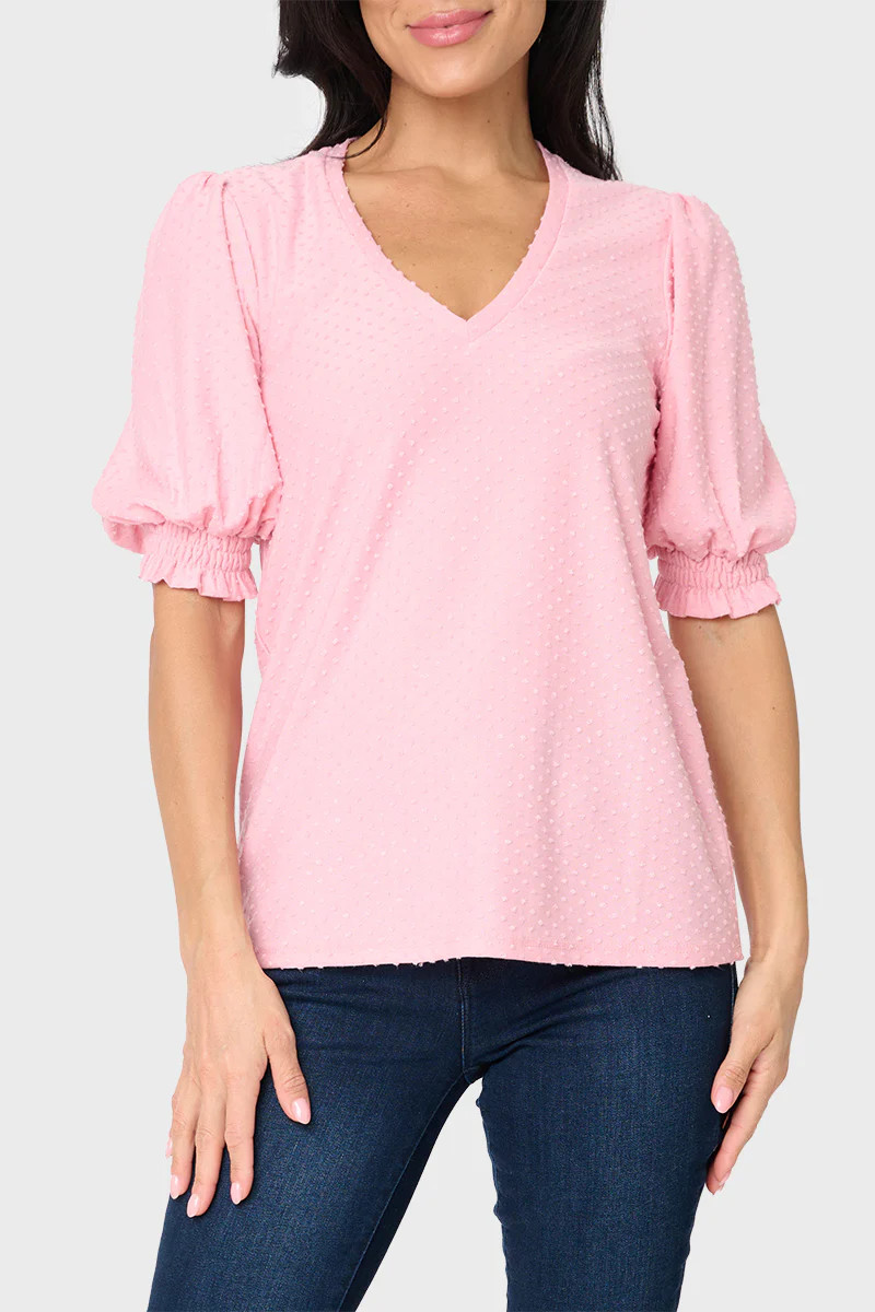 Clip Dot Elbow Puff Sleeve V-Neck | Gibson